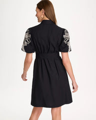 Black Embroidered Poplin Cotton Belted Dress
