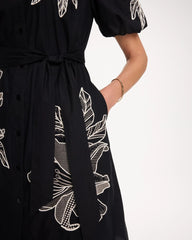 Black Embroidered Poplin Cotton Belted Dress