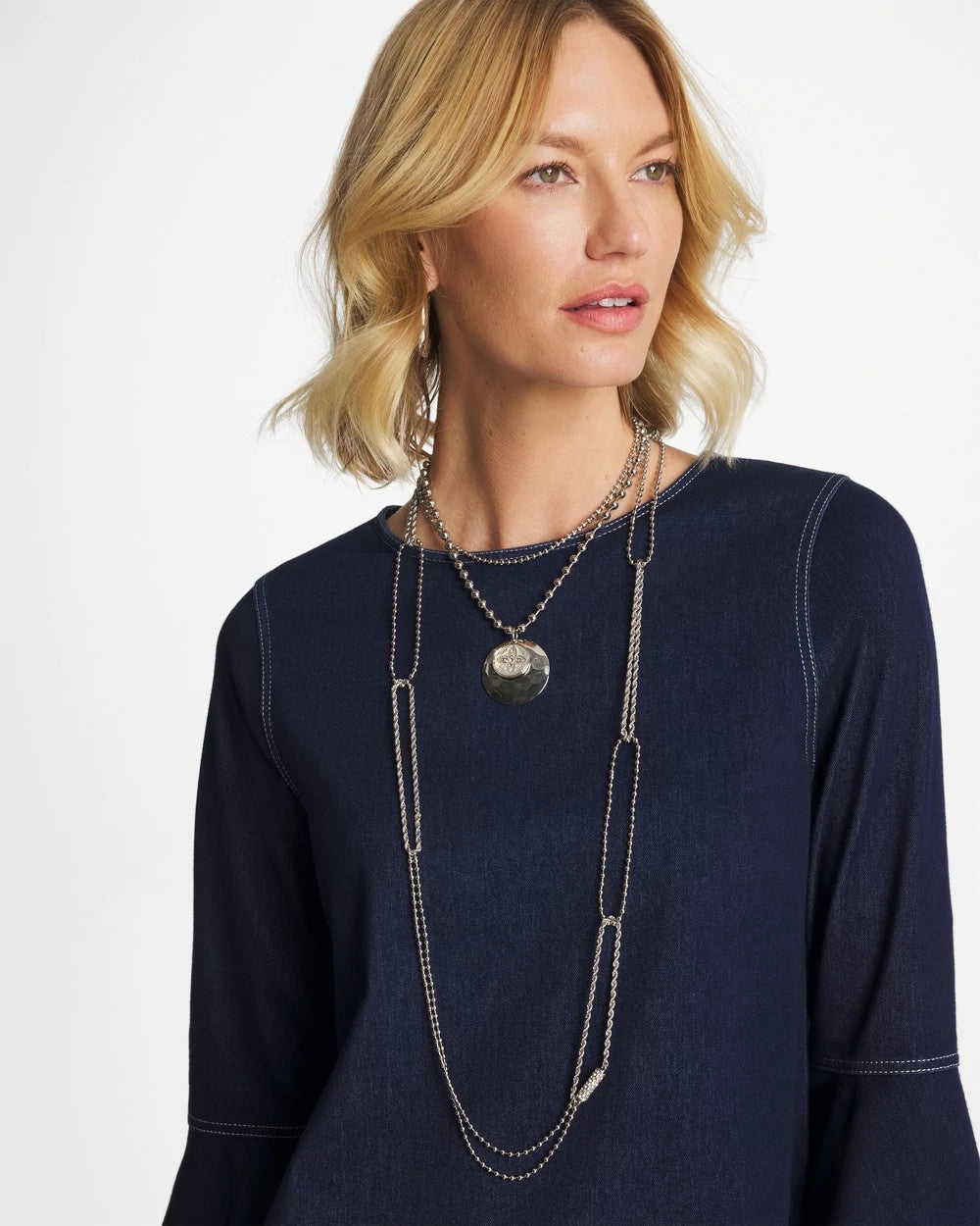 Silver Long Silver Ball Chain Single Strand