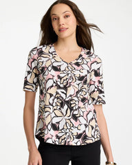 Black Printed Cotton Slub V-Neck Tee