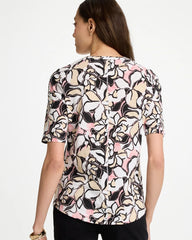 Black Printed Cotton Slub V-Neck Tee