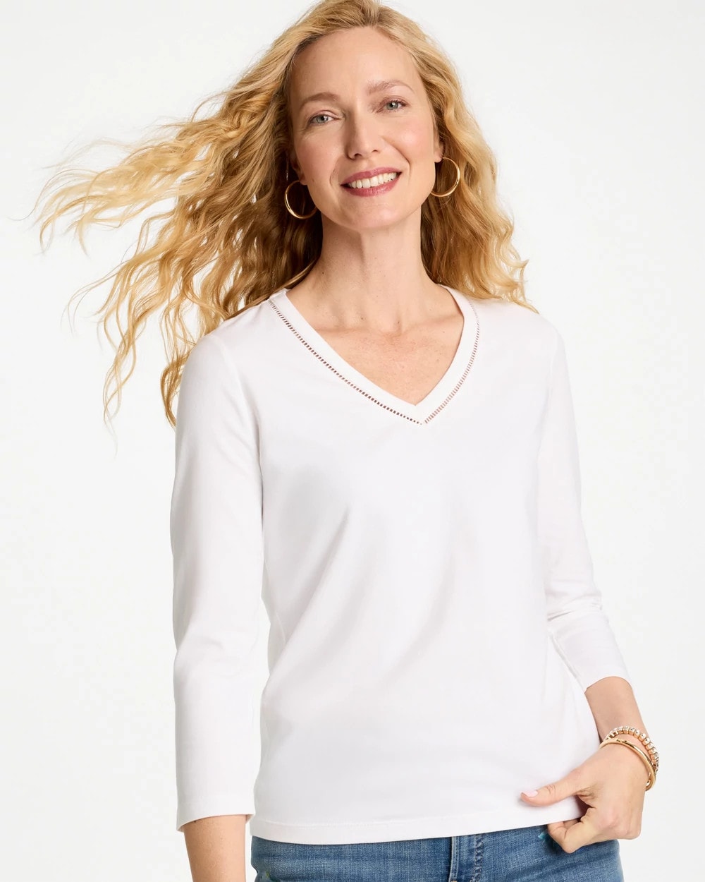Alabaster Trim Detail Cotton Stretch 3/4 Sleeve Tee