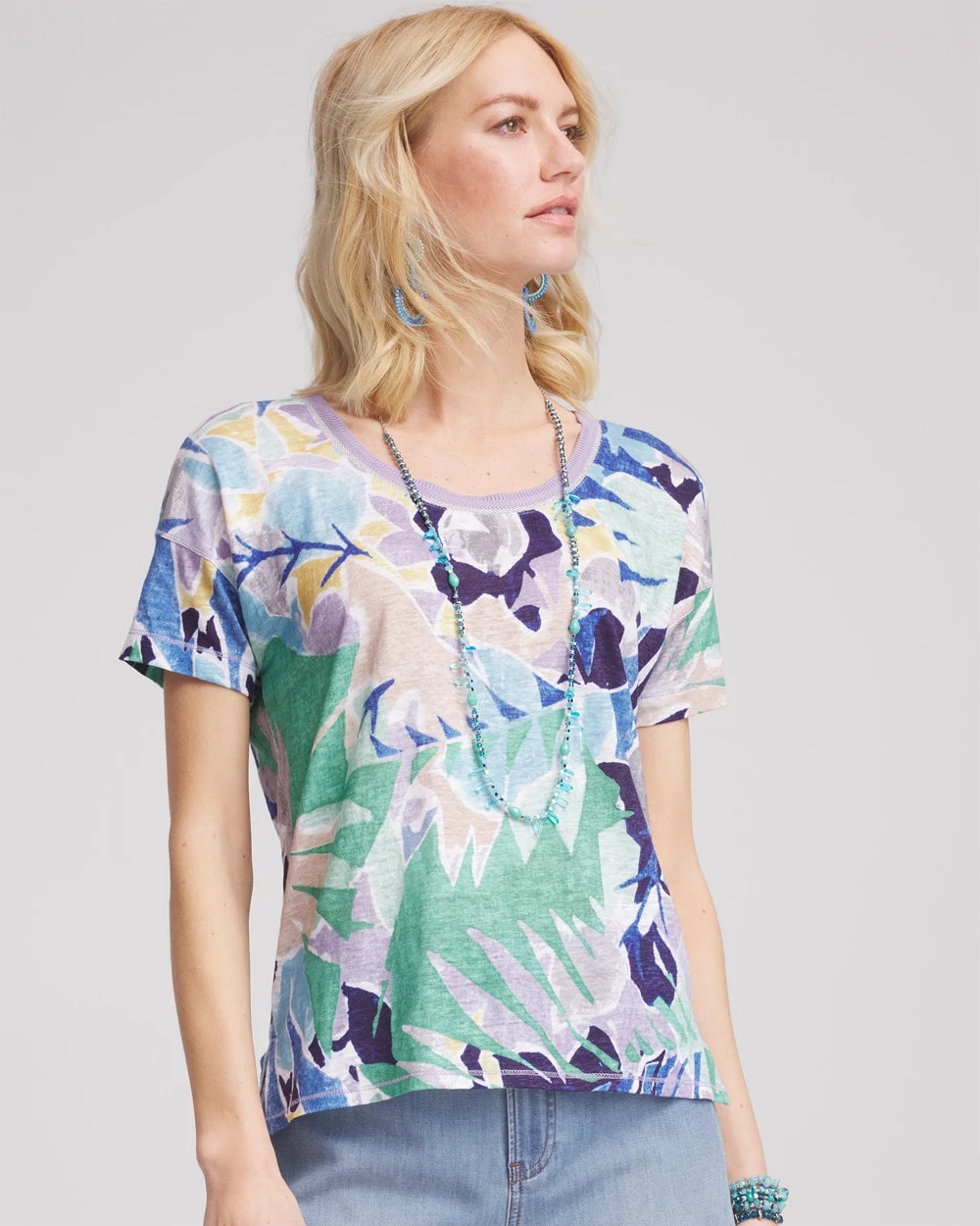 Blue Casa Tropical Nights Sweater-Trim Linen Tee