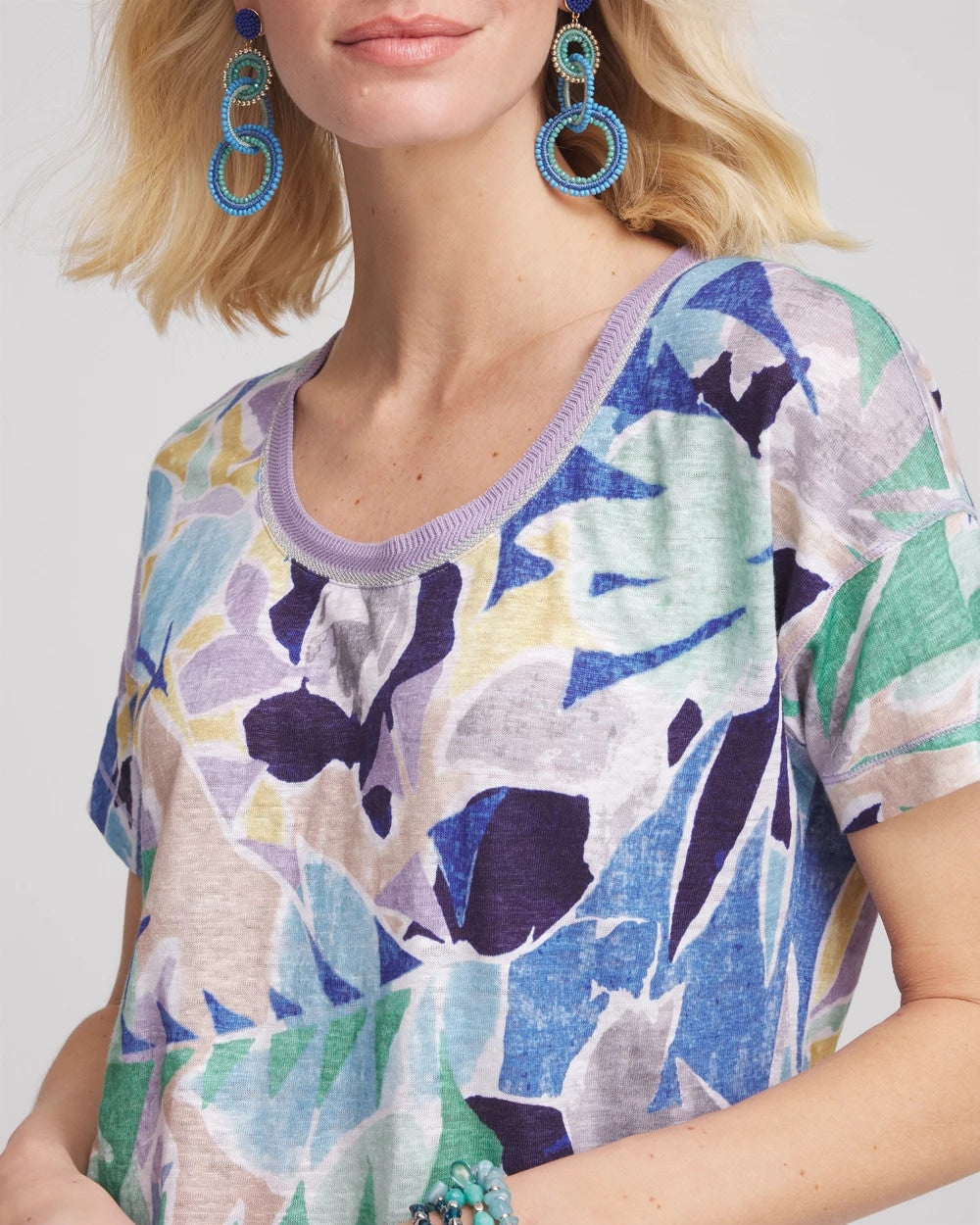 Blue Casa Tropical Nights Sweater-Trim Linen Tee