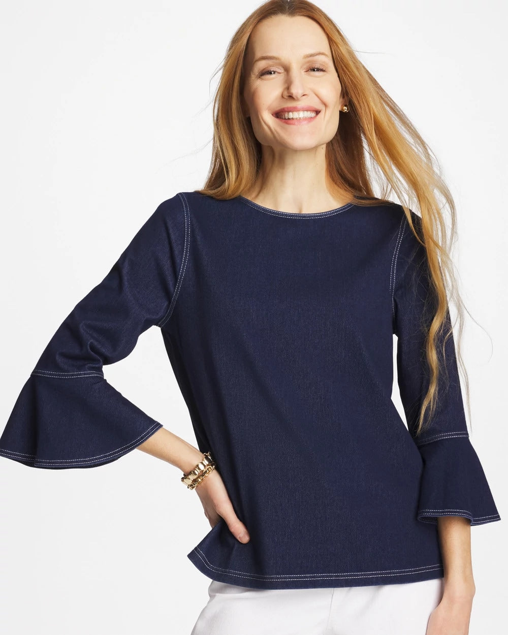 Denim Indigo Denim Trumpet Sleeve Top