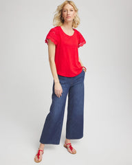 Red Glow Linen Embroidered Lace Tee