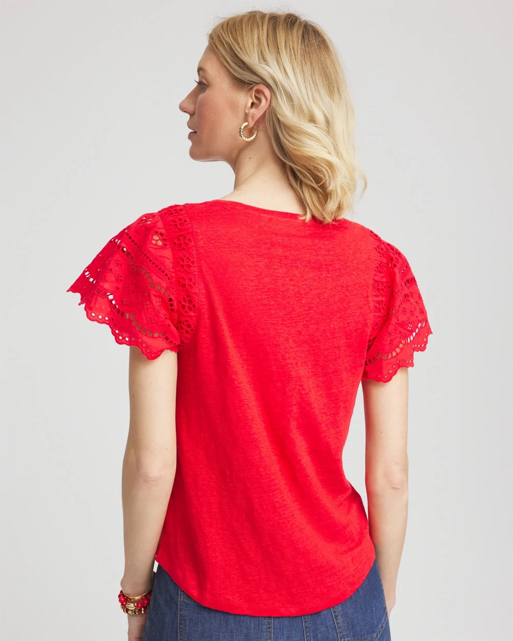 Red Glow Linen Embroidered Lace Tee