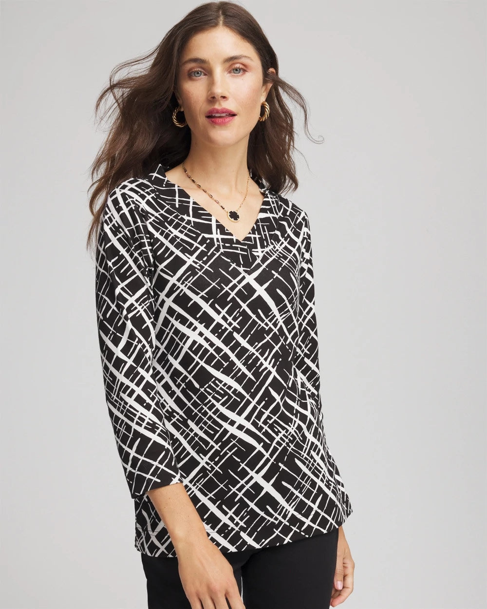 Black Printed Pima 3/4 Sleeve Tee