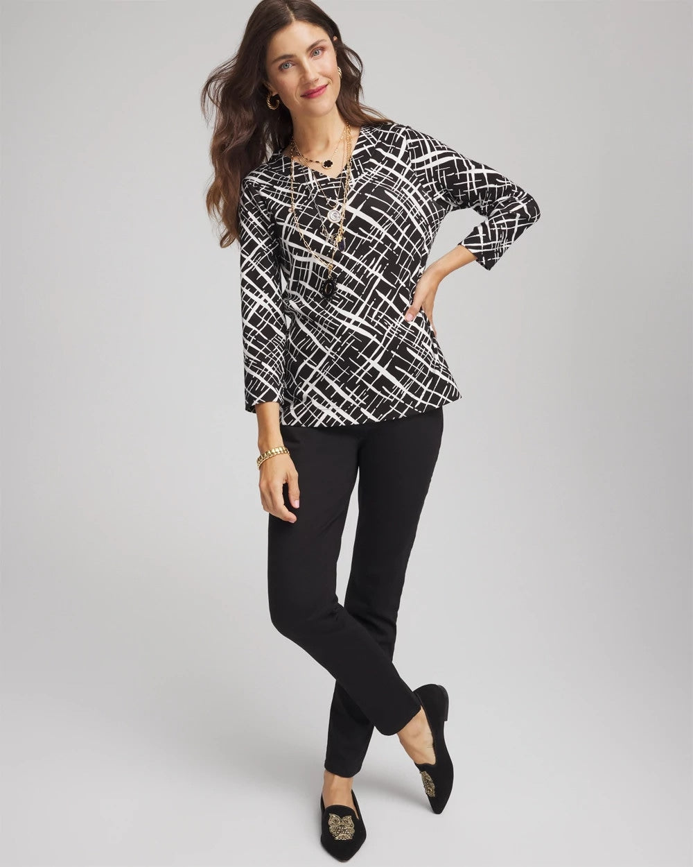 Black Printed Pima 3/4 Sleeve Tee