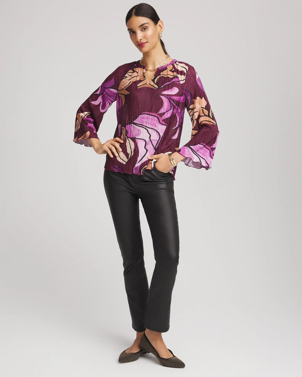 Deep Chianti Printed Pleated V-Neck Tee