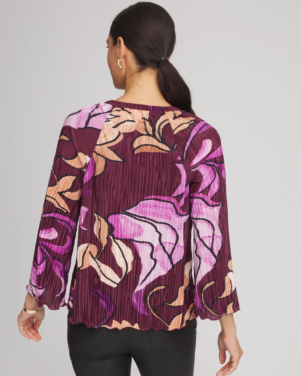 Deep Chianti Printed Pleated V-Neck Tee