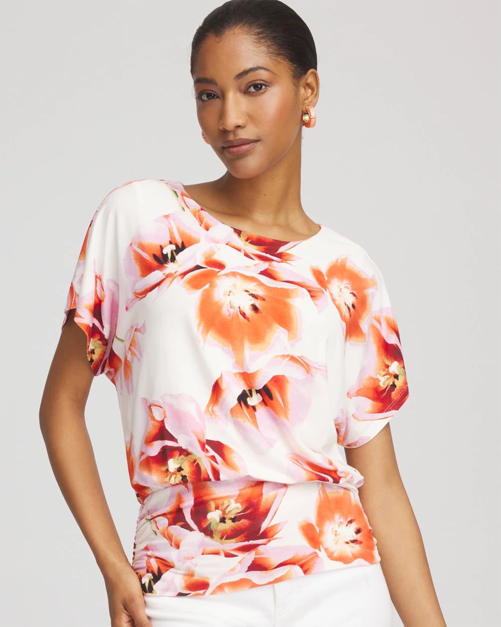 Orange Tango Touch of Cool™ Tropical Ruched Banded Hem Top