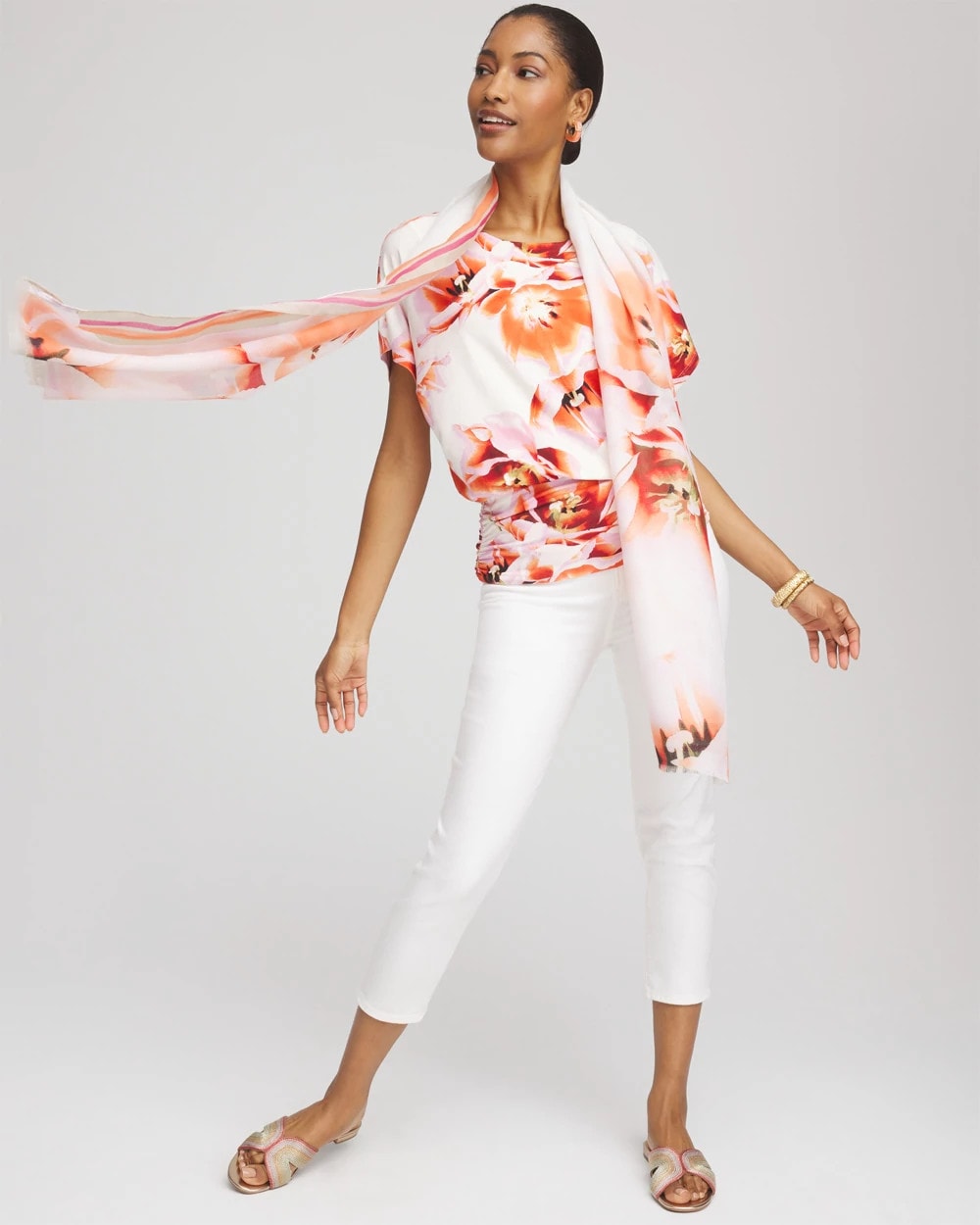 Orange Tango Touch of Cool™ Tropical Ruched Banded Hem Top