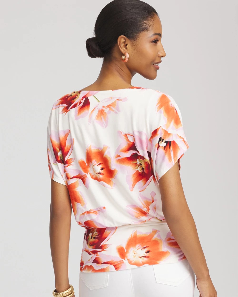 Orange Tango Touch of Cool™ Tropical Ruched Banded Hem Top