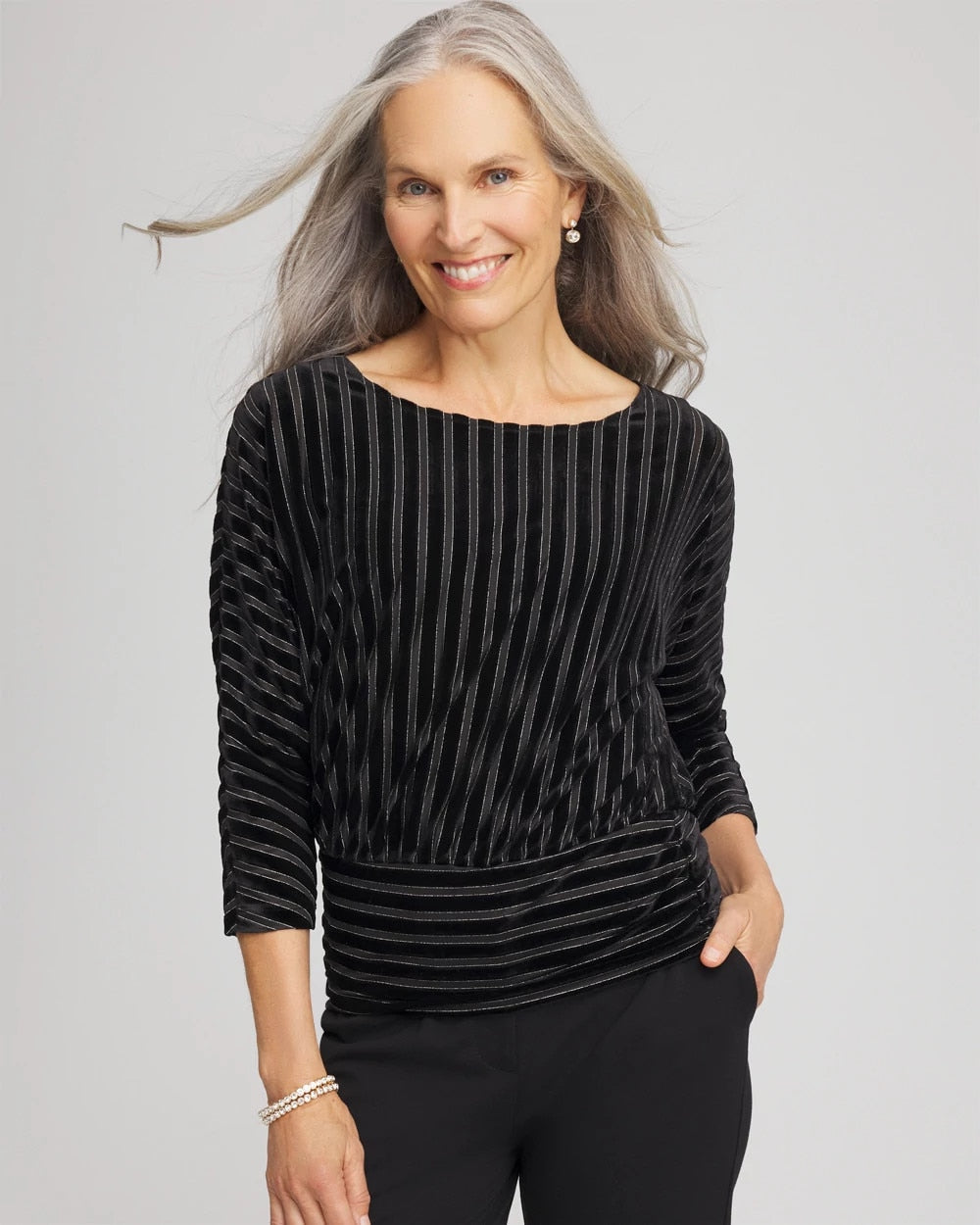 Black Velvet Burnout Stripe Banded-Bottom Top