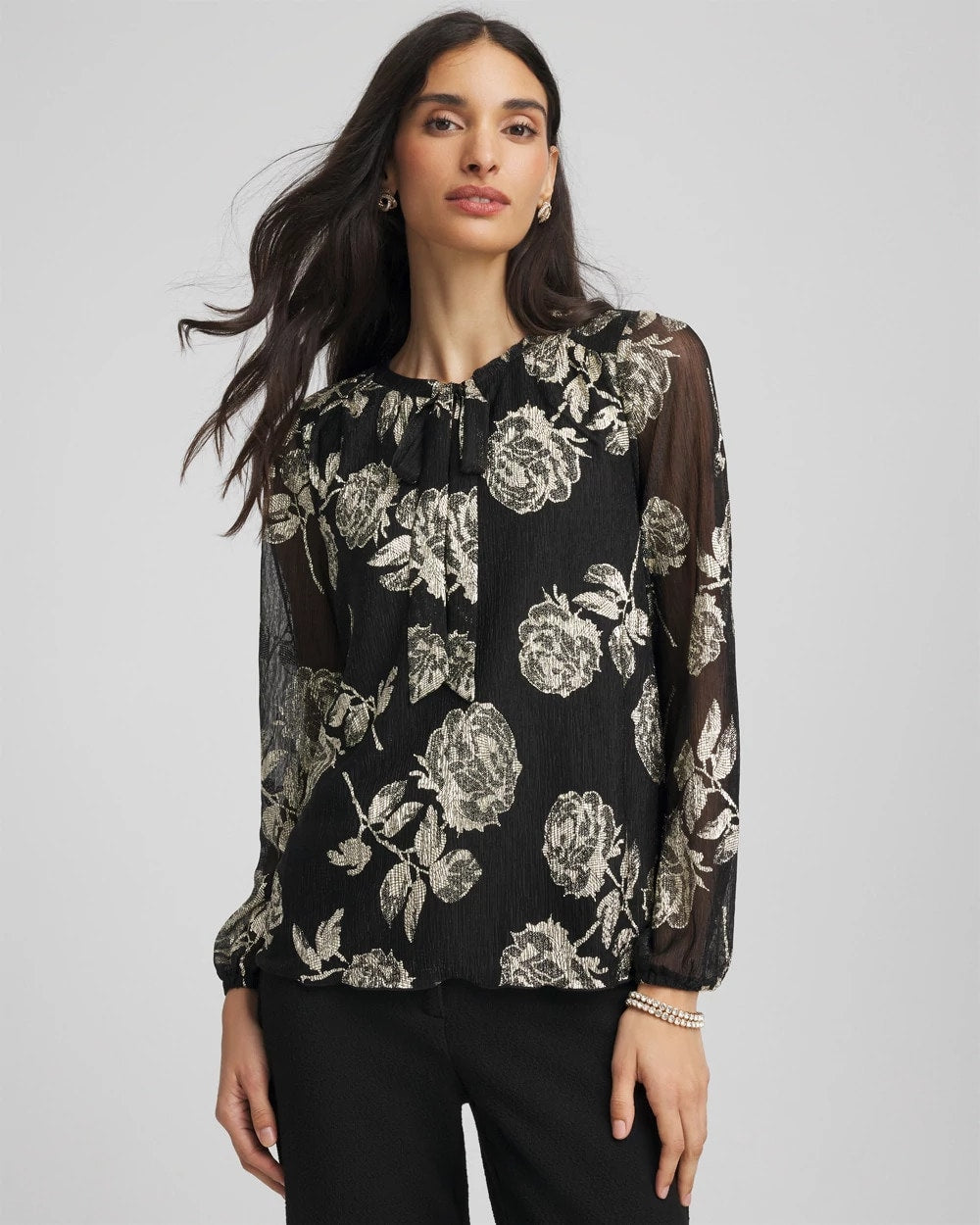 Black Floral Metallic Bodre Top