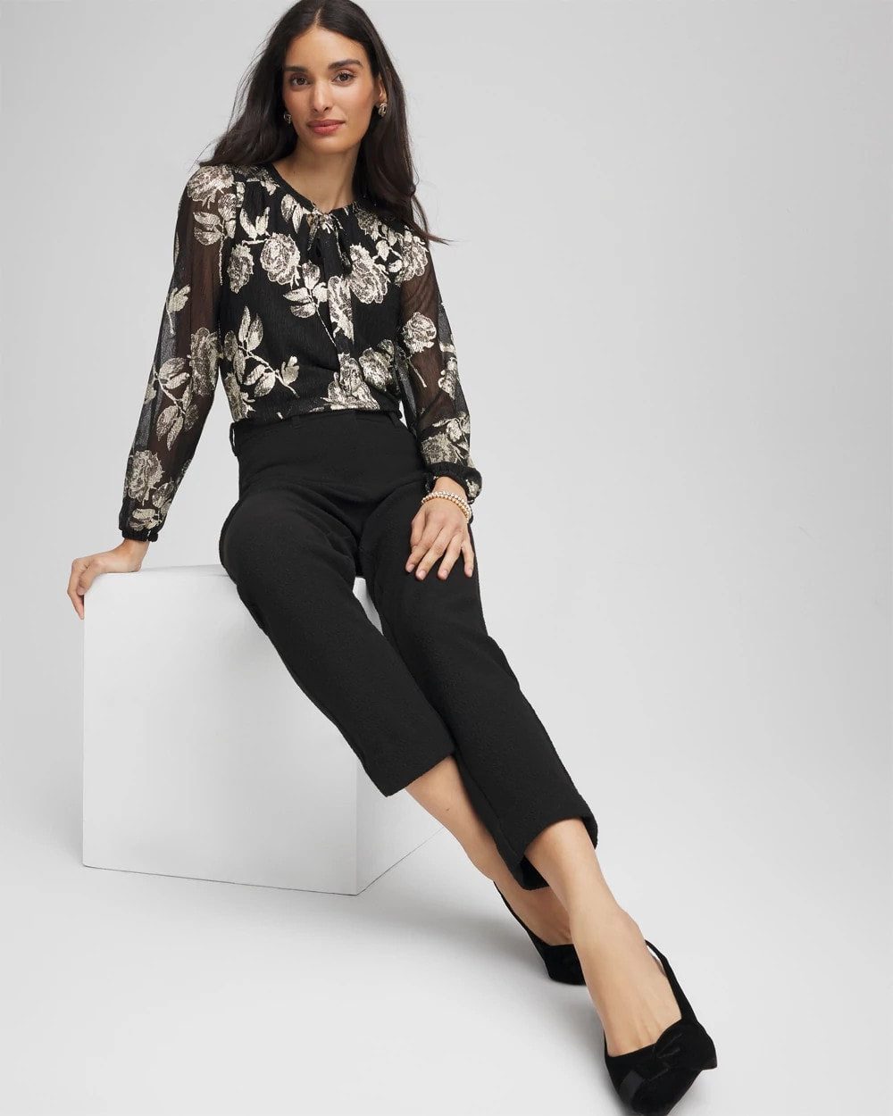 Black Floral Metallic Bodre Top