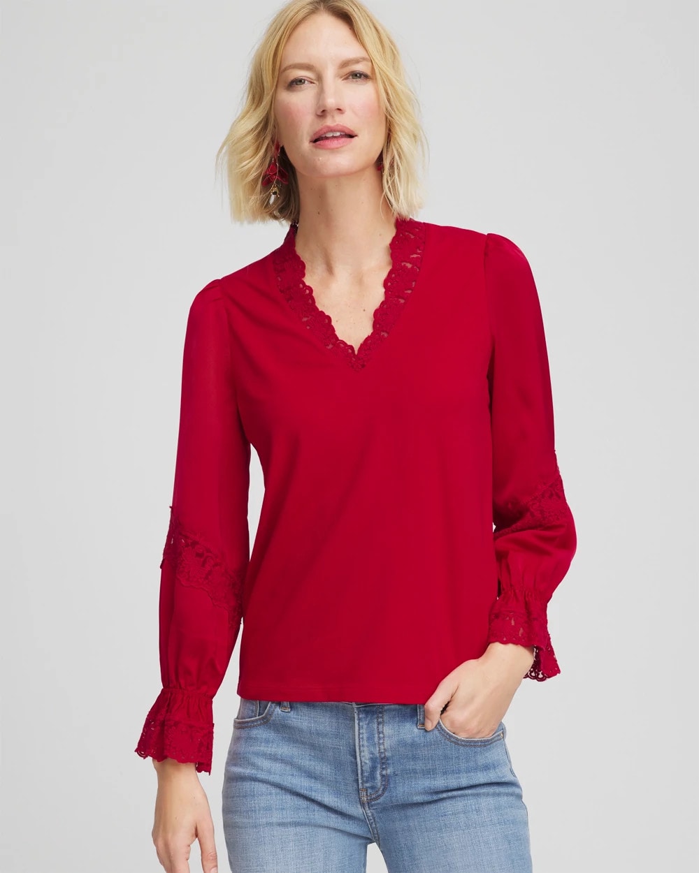 Carmine Red Lace V-Neck Top