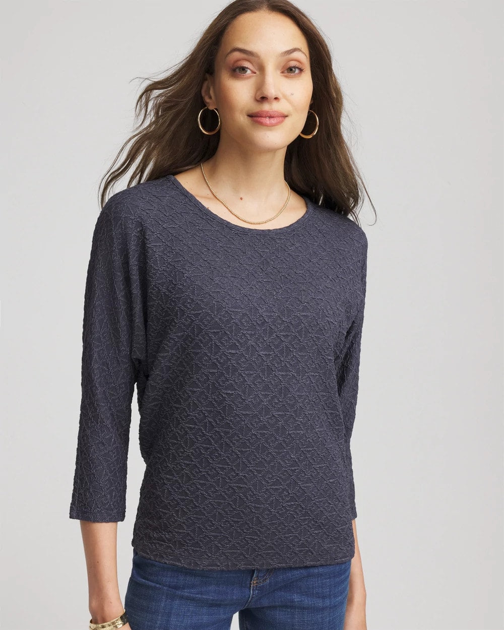 Denim Textured Denim-Motif Tapered-Hem Top