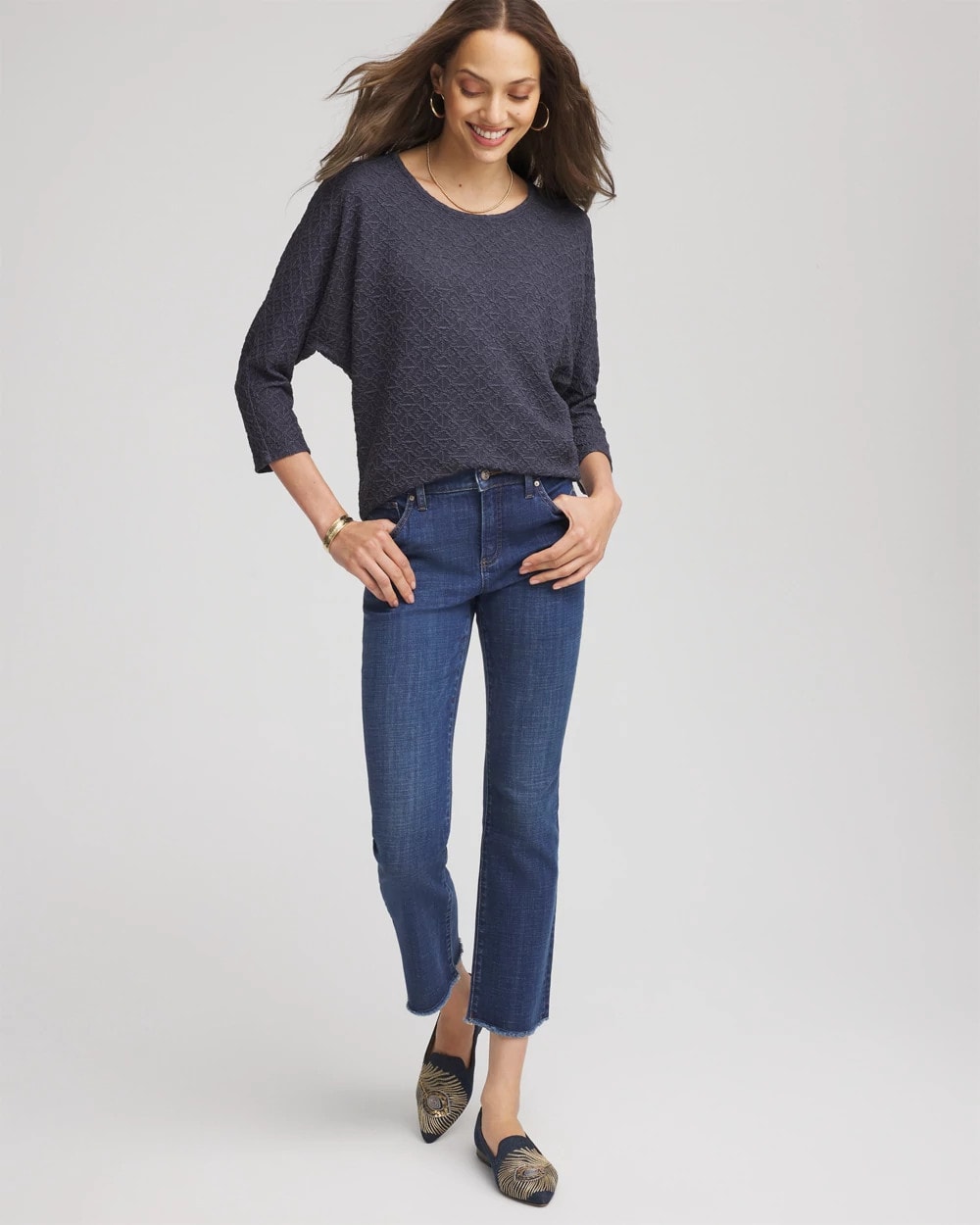 Denim Textured Denim-Motif Tapered-Hem Top