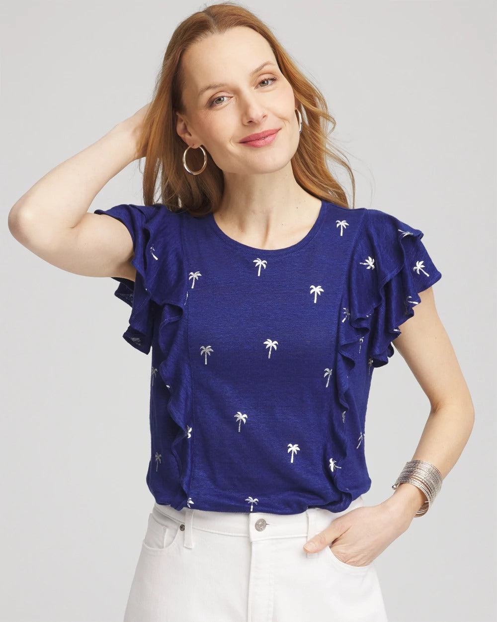 Blue Casa Foiled Flutter-Sleeve Linen Tee
