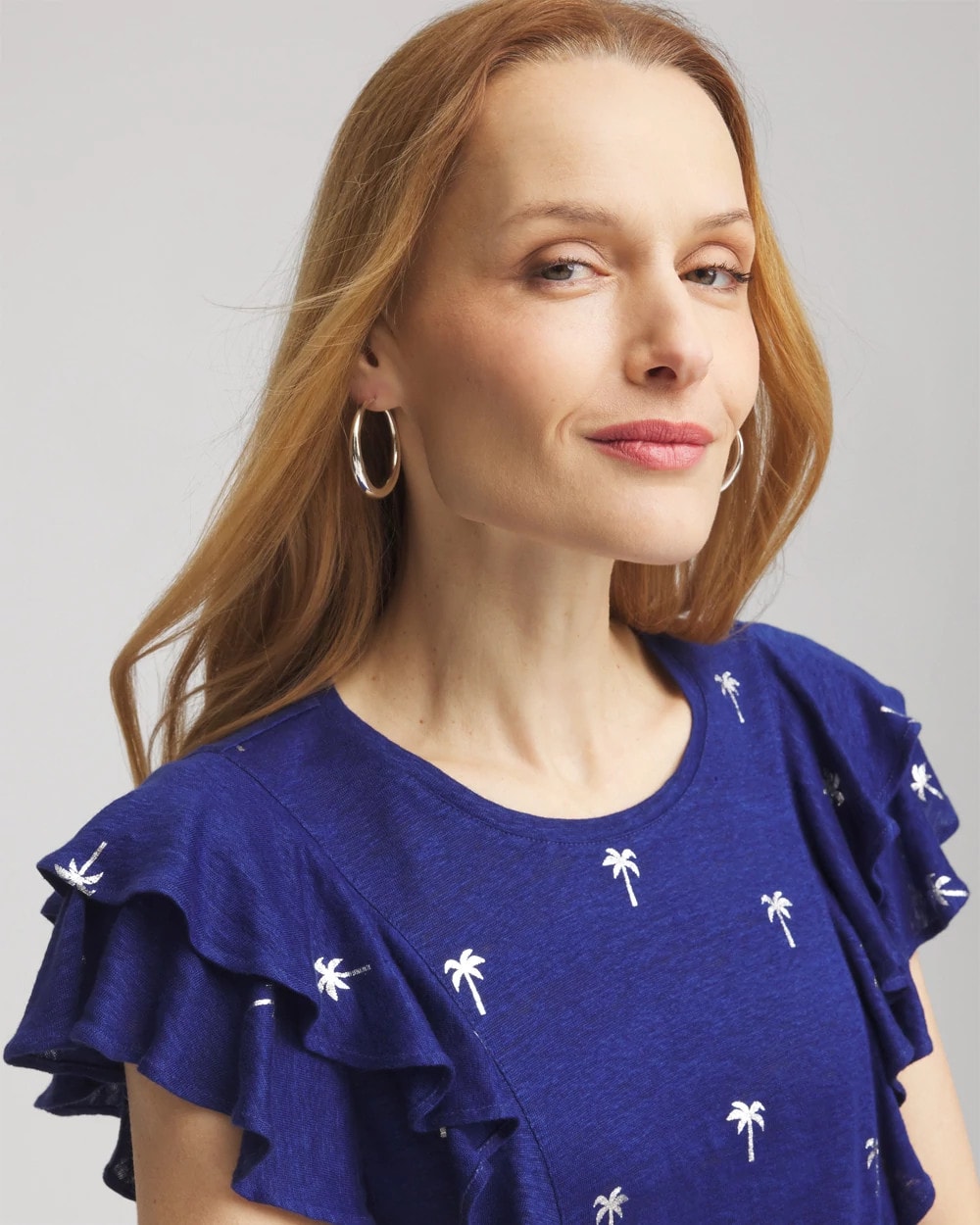 Blue Casa Foiled Flutter-Sleeve Linen Tee