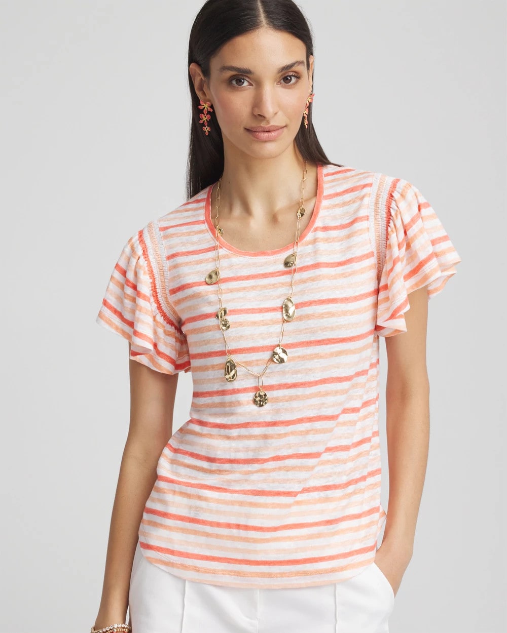 Melon Mambo Striped Linen Smocked Flutter-Sleeved Tee