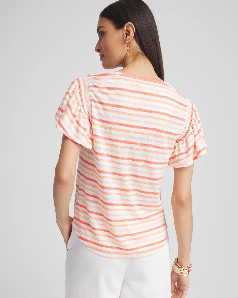 Melon Mambo Striped Linen Smocked Flutter-Sleeved Tee