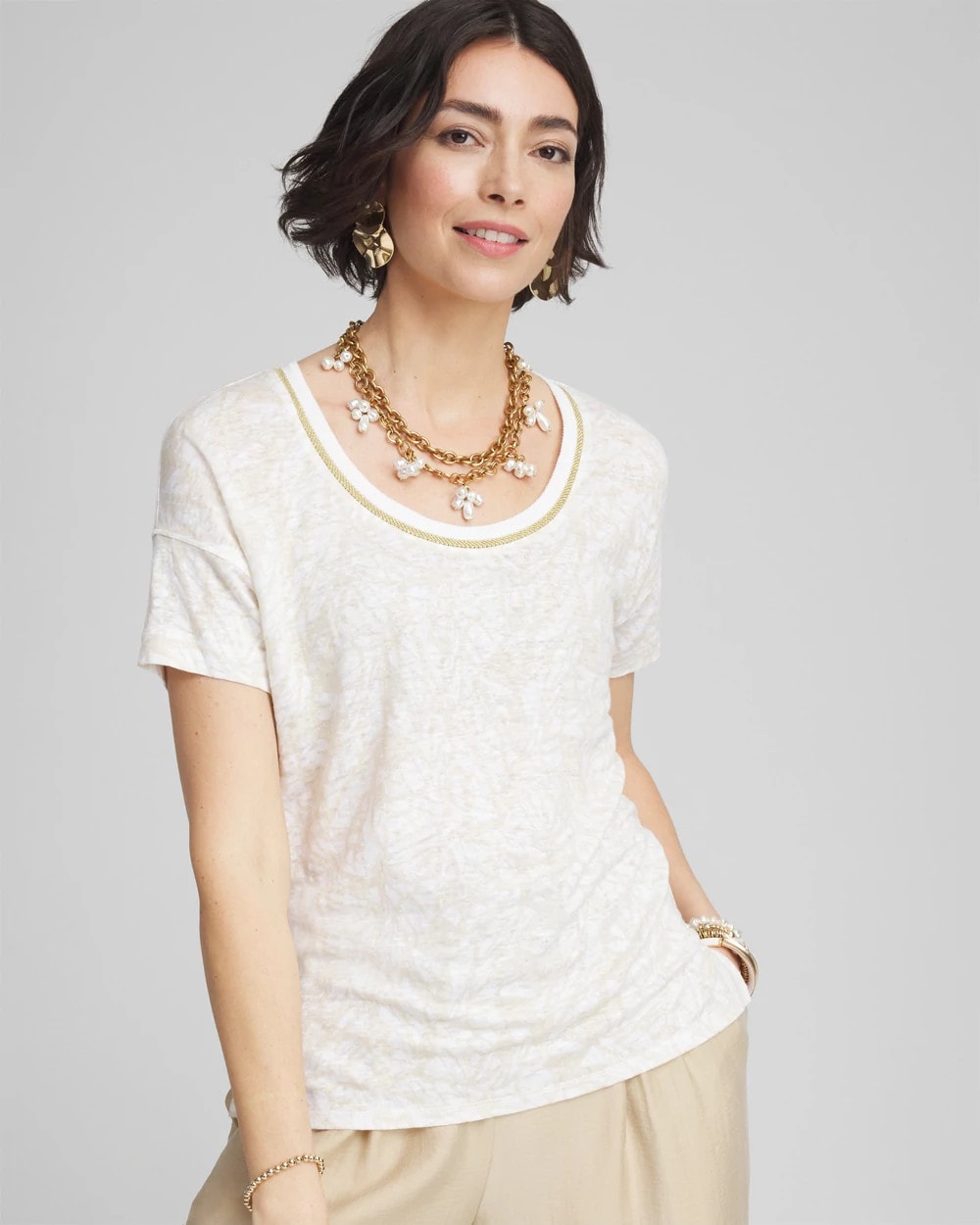 River Rock Printed Sweater Trim Linen Tee