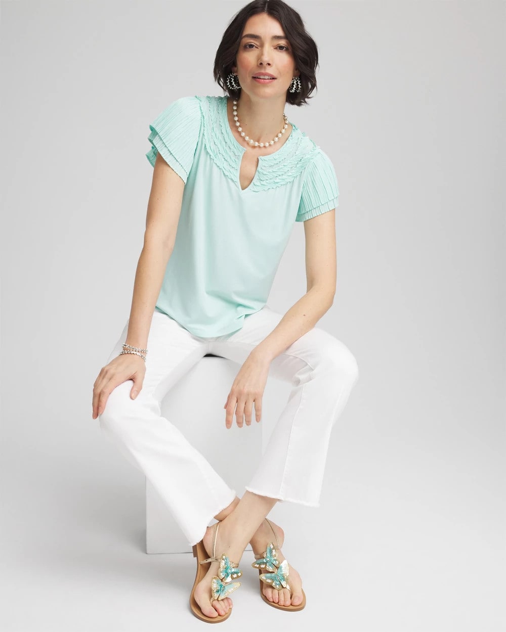 Teal Waters Touch of Cool™ Layered Pleated Flutter Tee