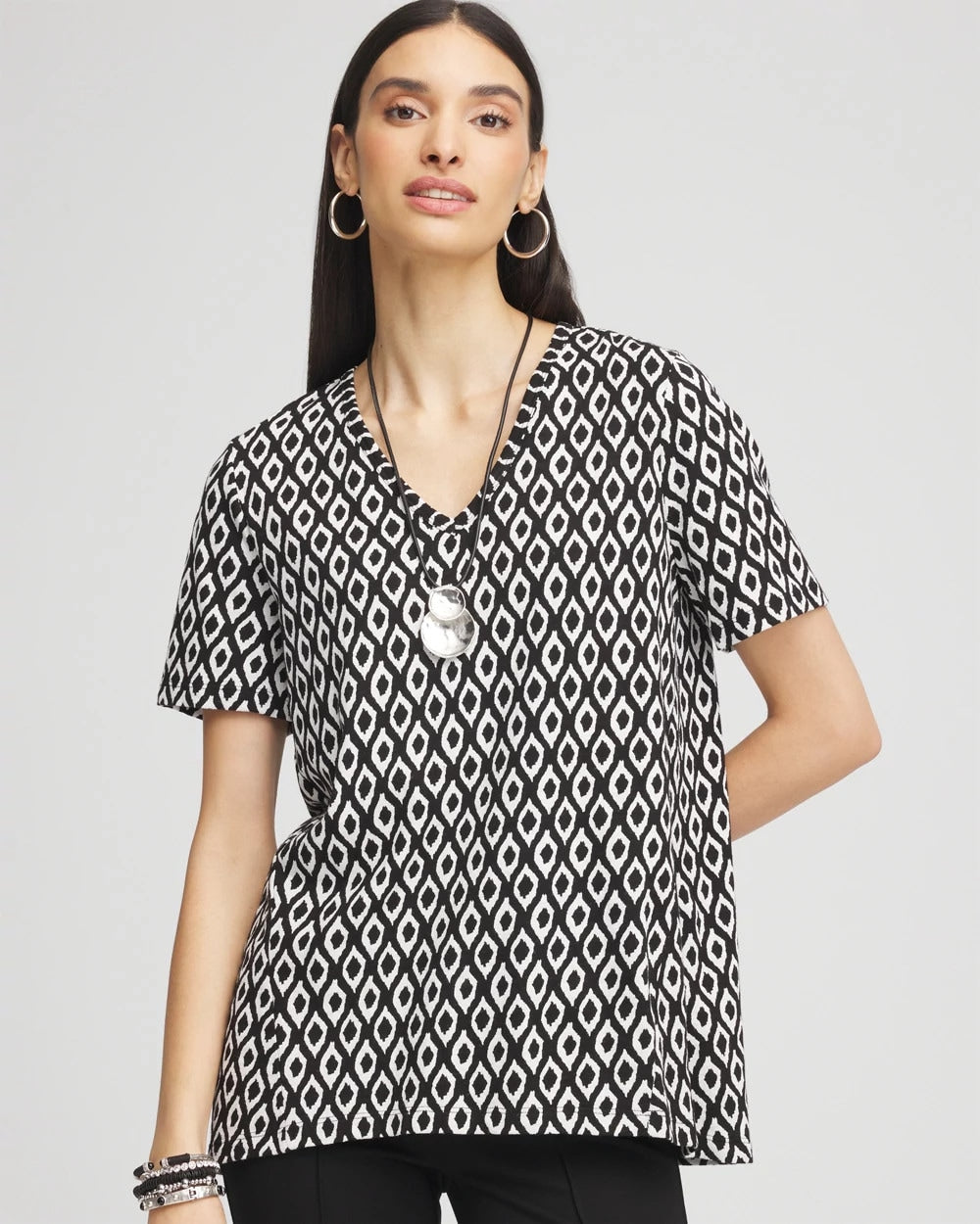 Black Graphic Slub V-Neck Tee