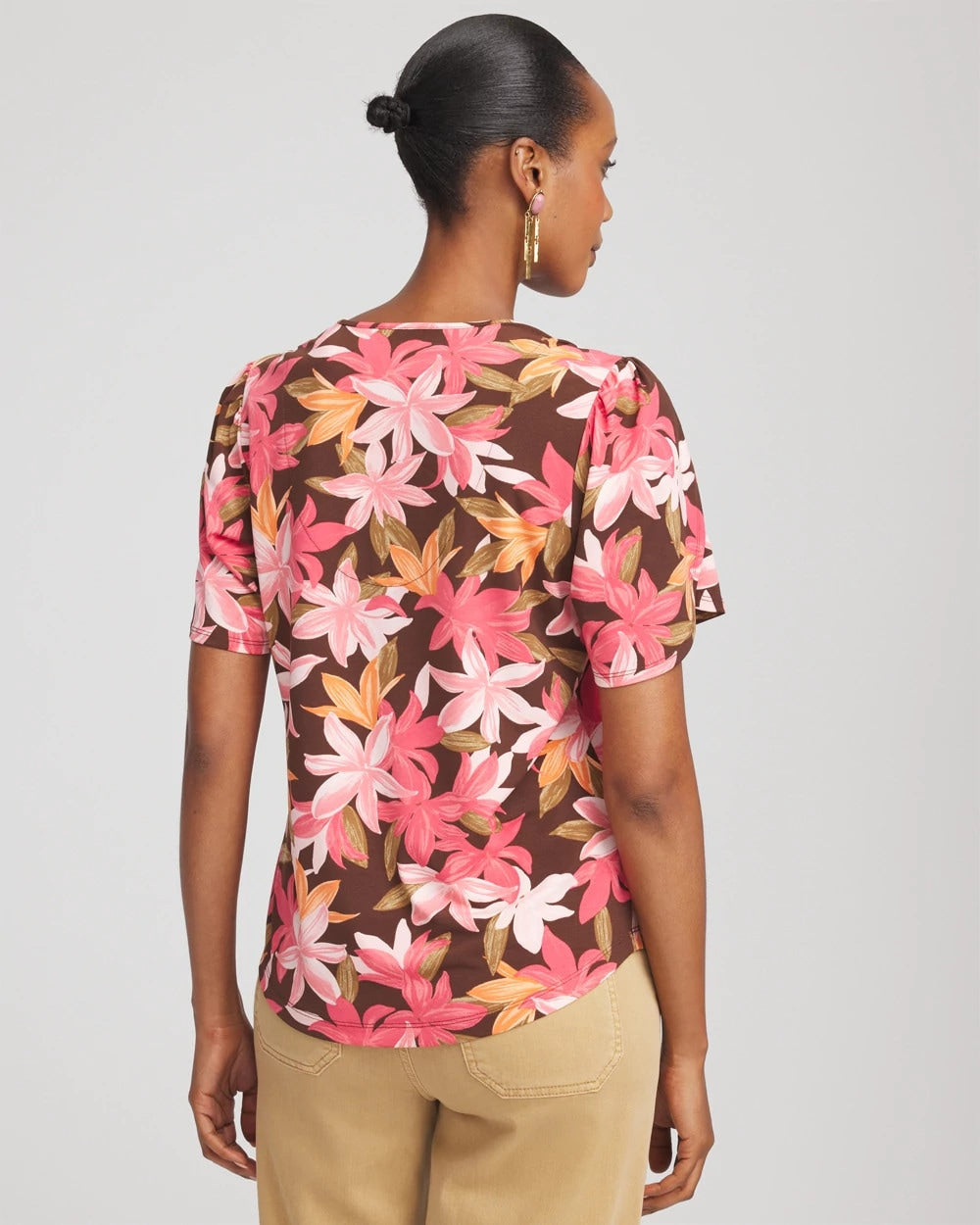 Cacao Floral Petal-Sleeve Voop Neck Tee
