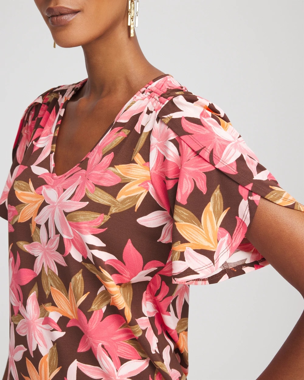 Cacao Floral Petal-Sleeve Voop Neck Tee