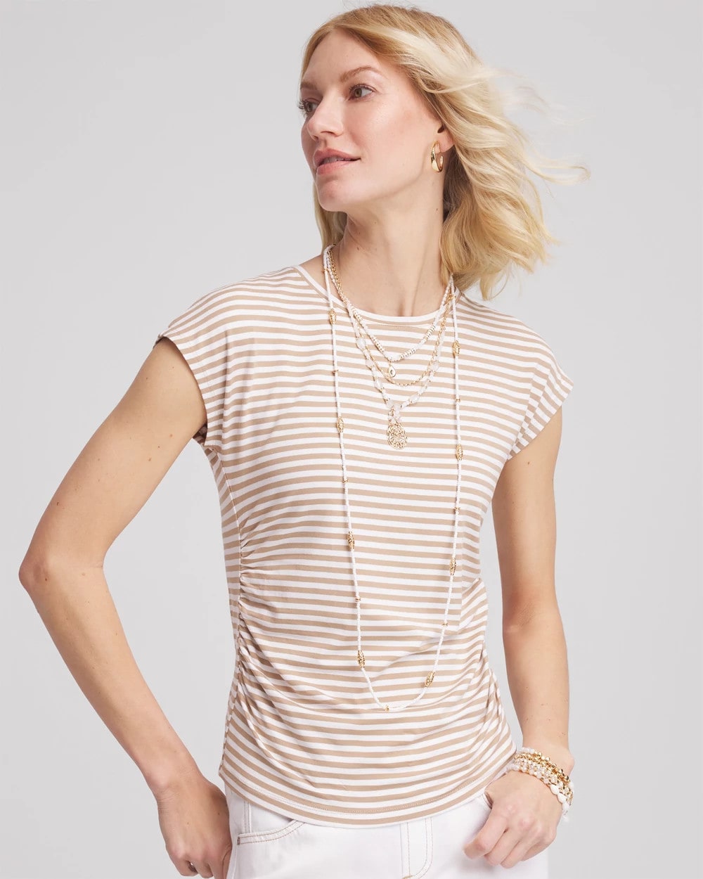 Cafe Aroma Neutral Striped Cap Sleeve Dolman Tee