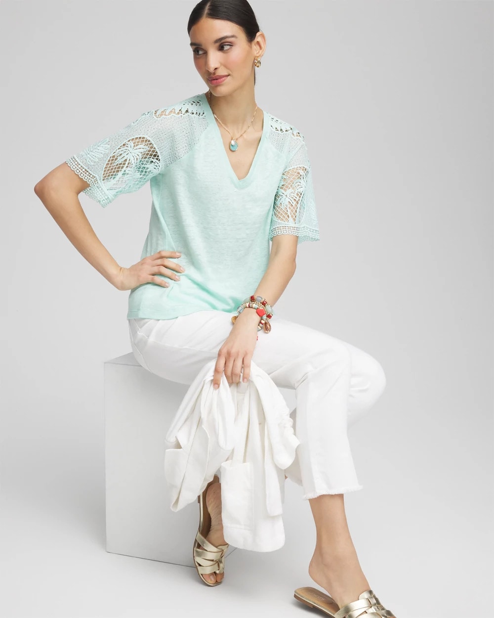 Teal Waters Linen Crochet Lace Short Sleeve Tee