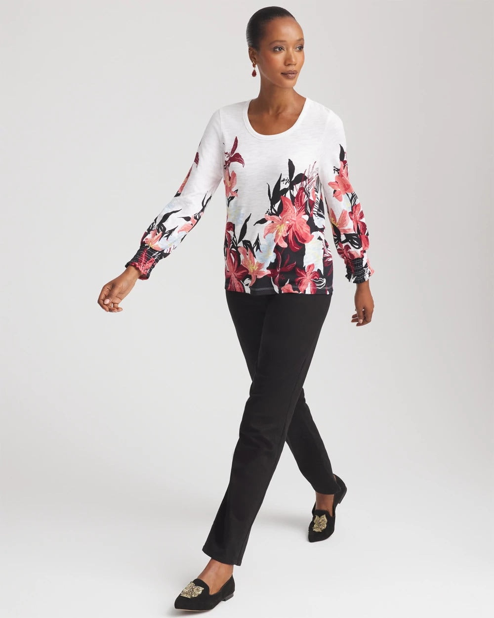 Alabaster Floral-Motif Smocked Cotton-Slub Tee