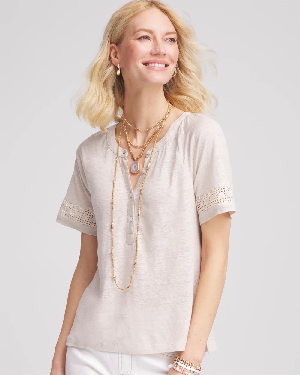 River Rock Linen Lace-Cutwork Sleeve Henley Tee