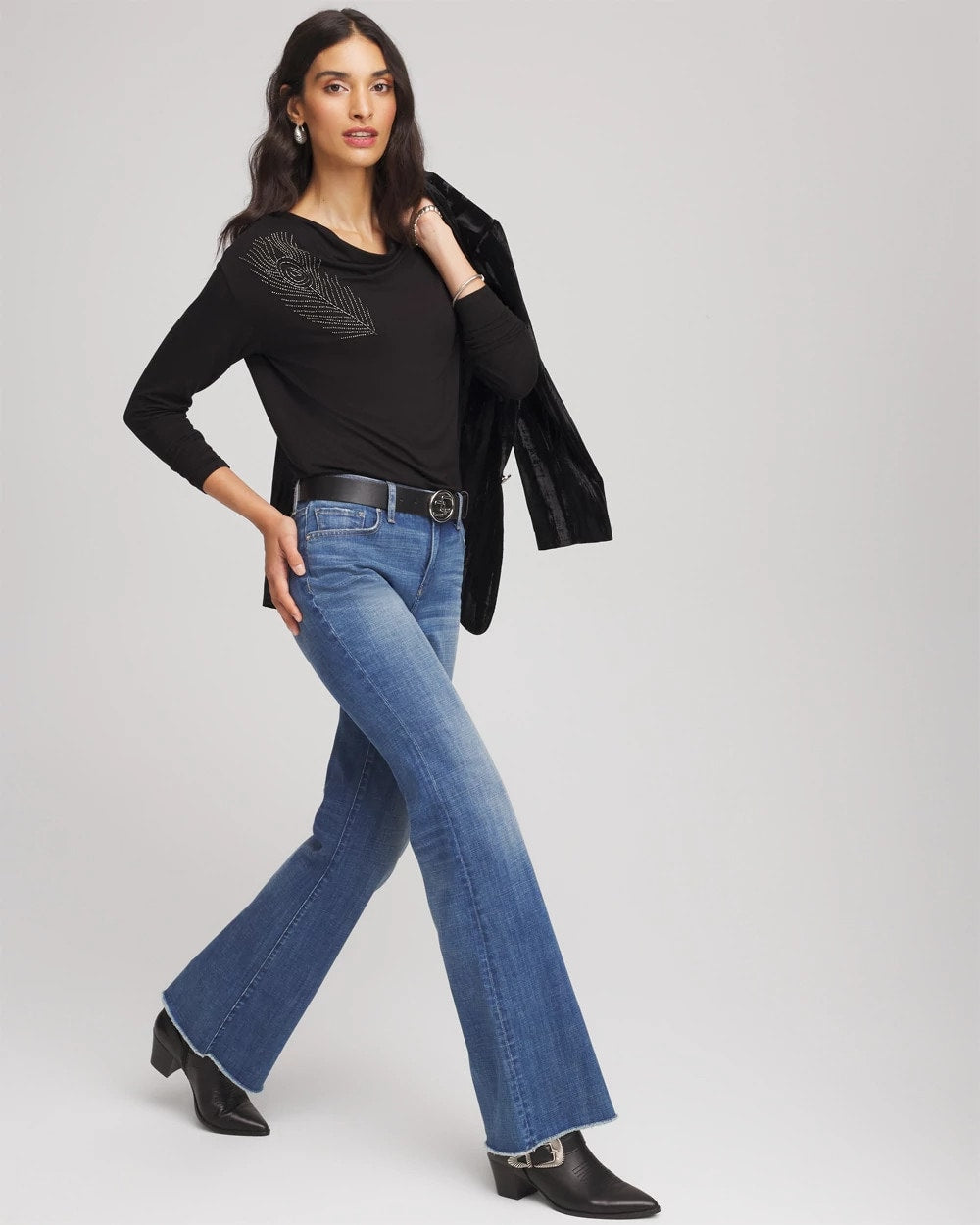 Black Embellished Cowlneck Dolman Tee
