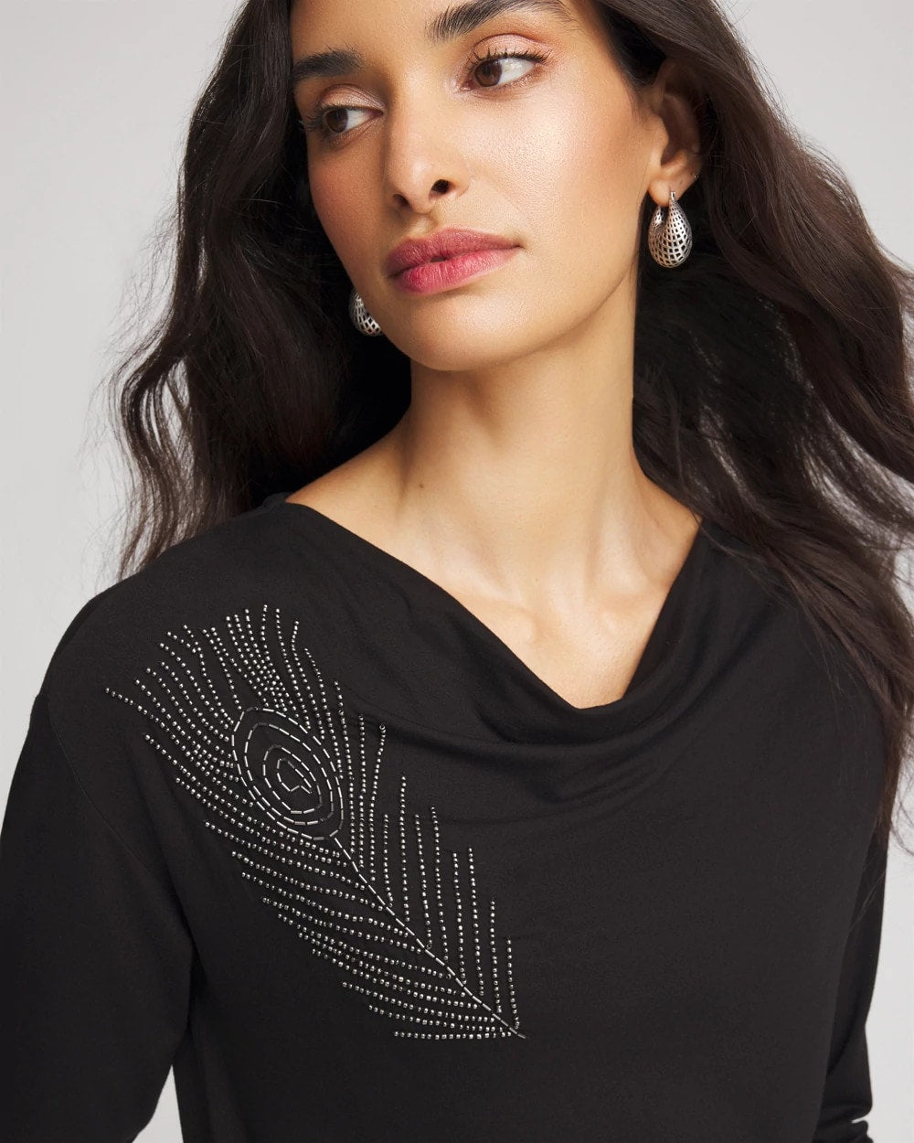 Black Embellished Cowlneck Dolman Tee