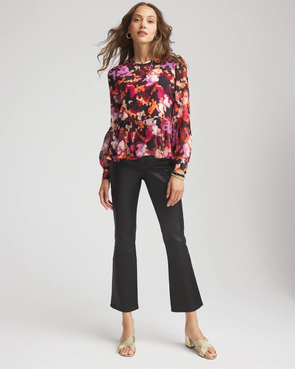 Black Printed Chiffon Peplum Top