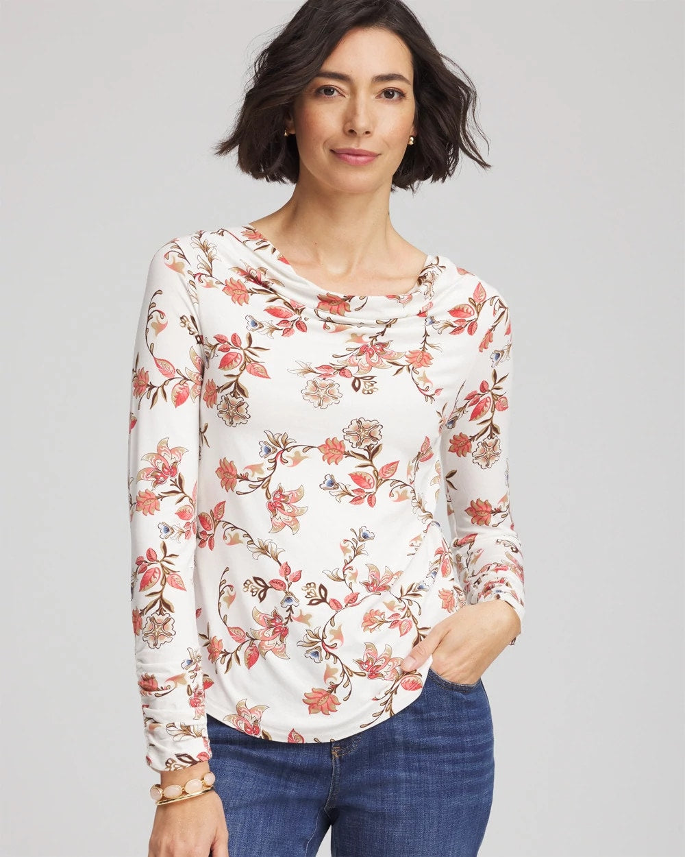 Ecru Touch of Cool™ Long-Sleeved Cowlneck Tee