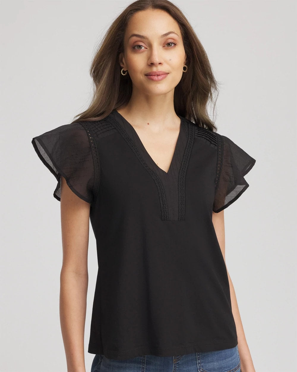 Black Pleated-Trim Flutter-Sleeve Tee
