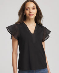 Black Pleated-Trim Flutter-Sleeve Tee
