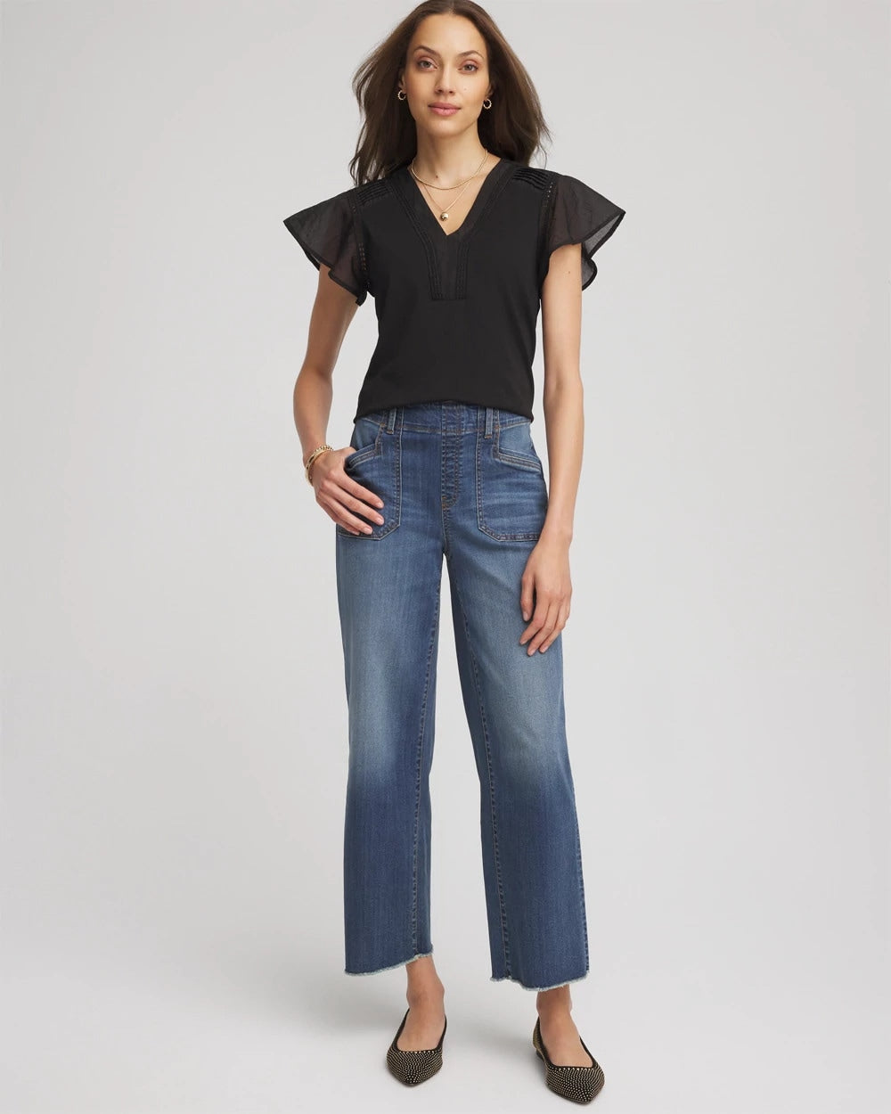 Black Pleated-Trim Flutter-Sleeve Tee