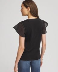 Black Pleated-Trim Flutter-Sleeve Tee