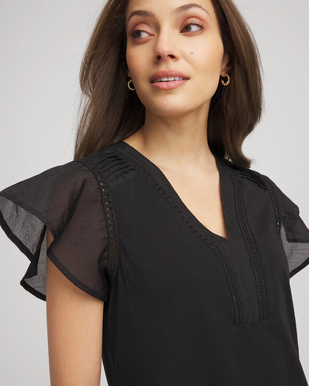 Black Pleated-Trim Flutter-Sleeve Tee