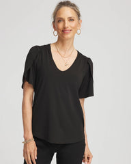 Black Petal-Sleeve Voop Neck Tee