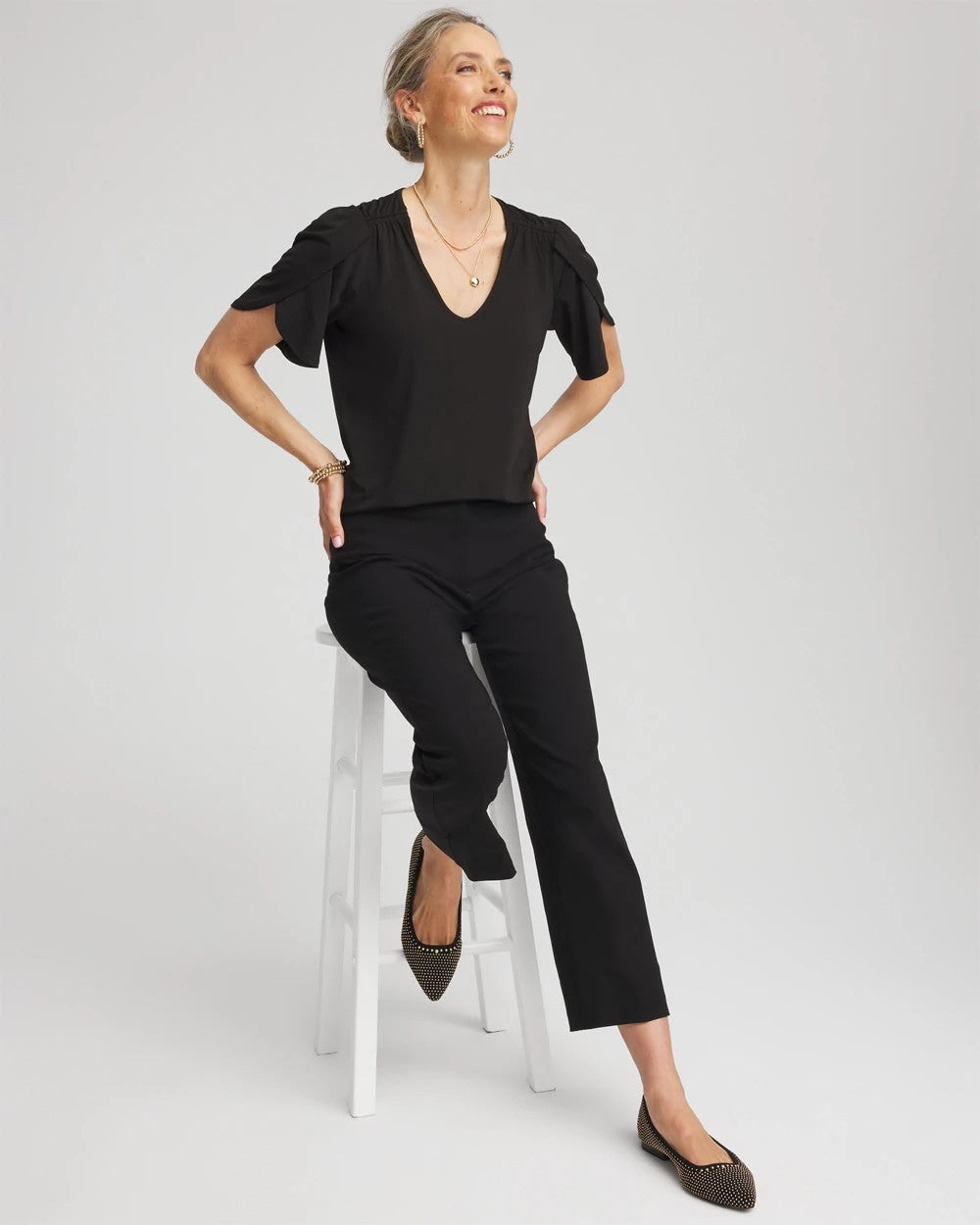 Black Petal-Sleeve Voop Neck Tee