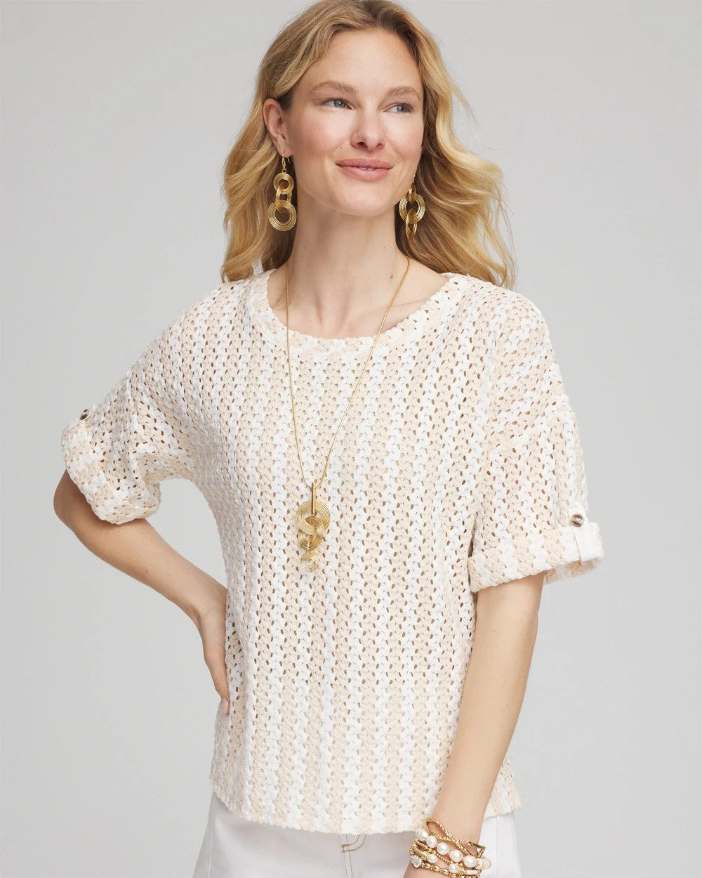 Glistening Sand Textured Roll Cuff Tee