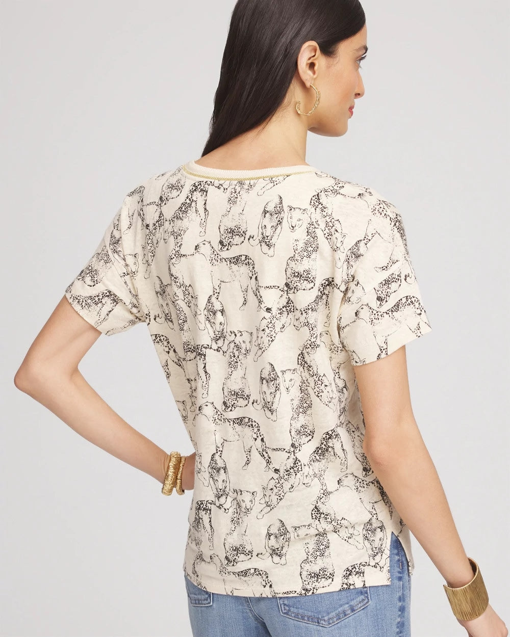 Glistening Sand Panther Sweater-Trim Linen Tee
